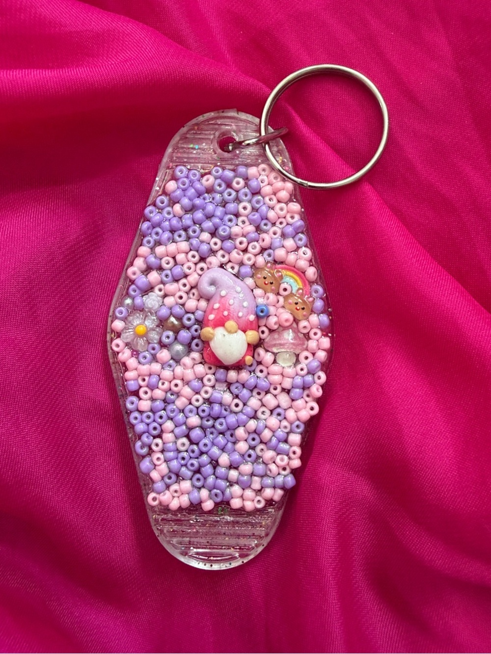 Handmade Pink & Lavender Bead Gnome Keychain - Cute Resin Charm